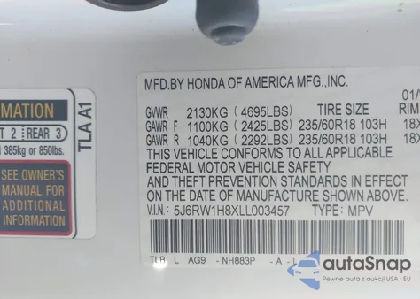 2020 Honda Cr-V 2Wd Ex-L from USA, damaged, VIN 5J6RW1H8XLL003457